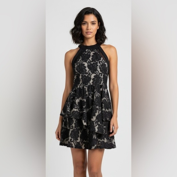 WINDSOR MINI Little Black Mini Lace Halter Dress Fully Lined Size Small - Picture 3 of 15